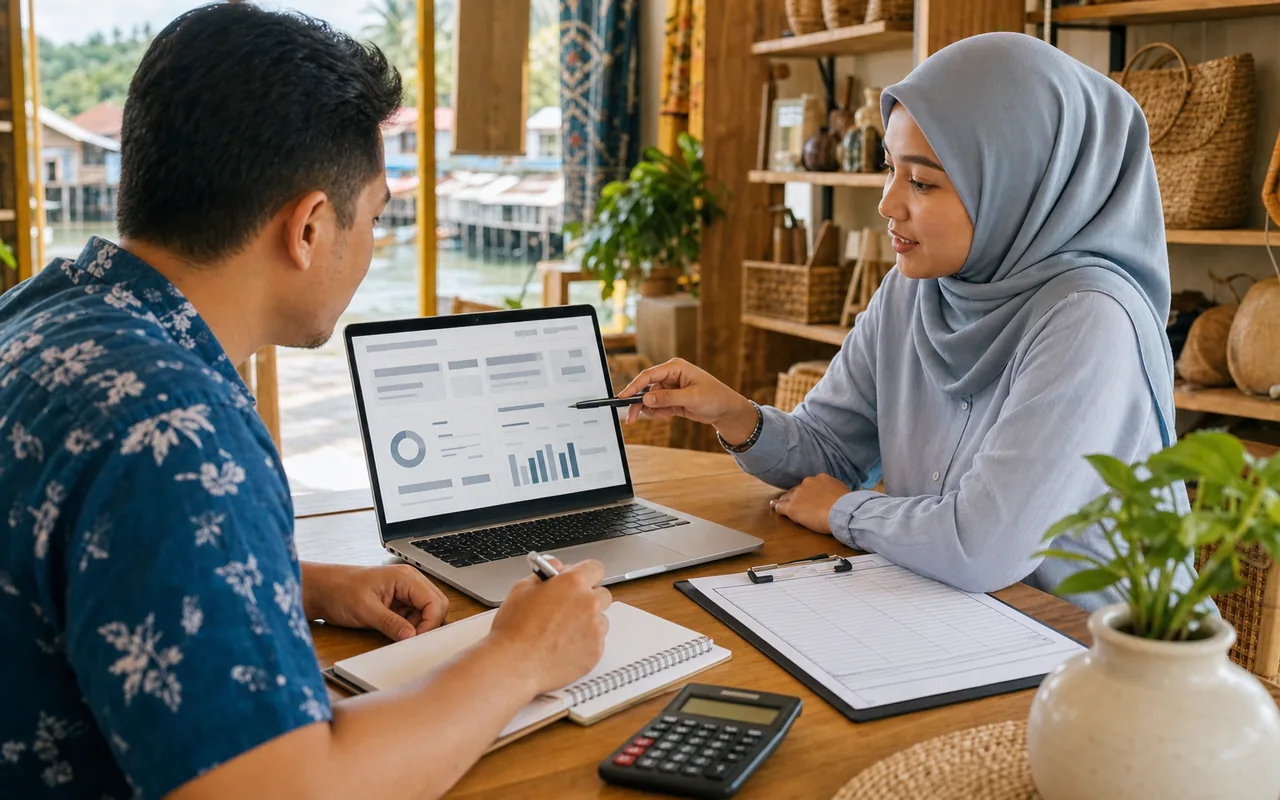 Sabah small-business owner reviewing a generic digital advertising plan with a consultant