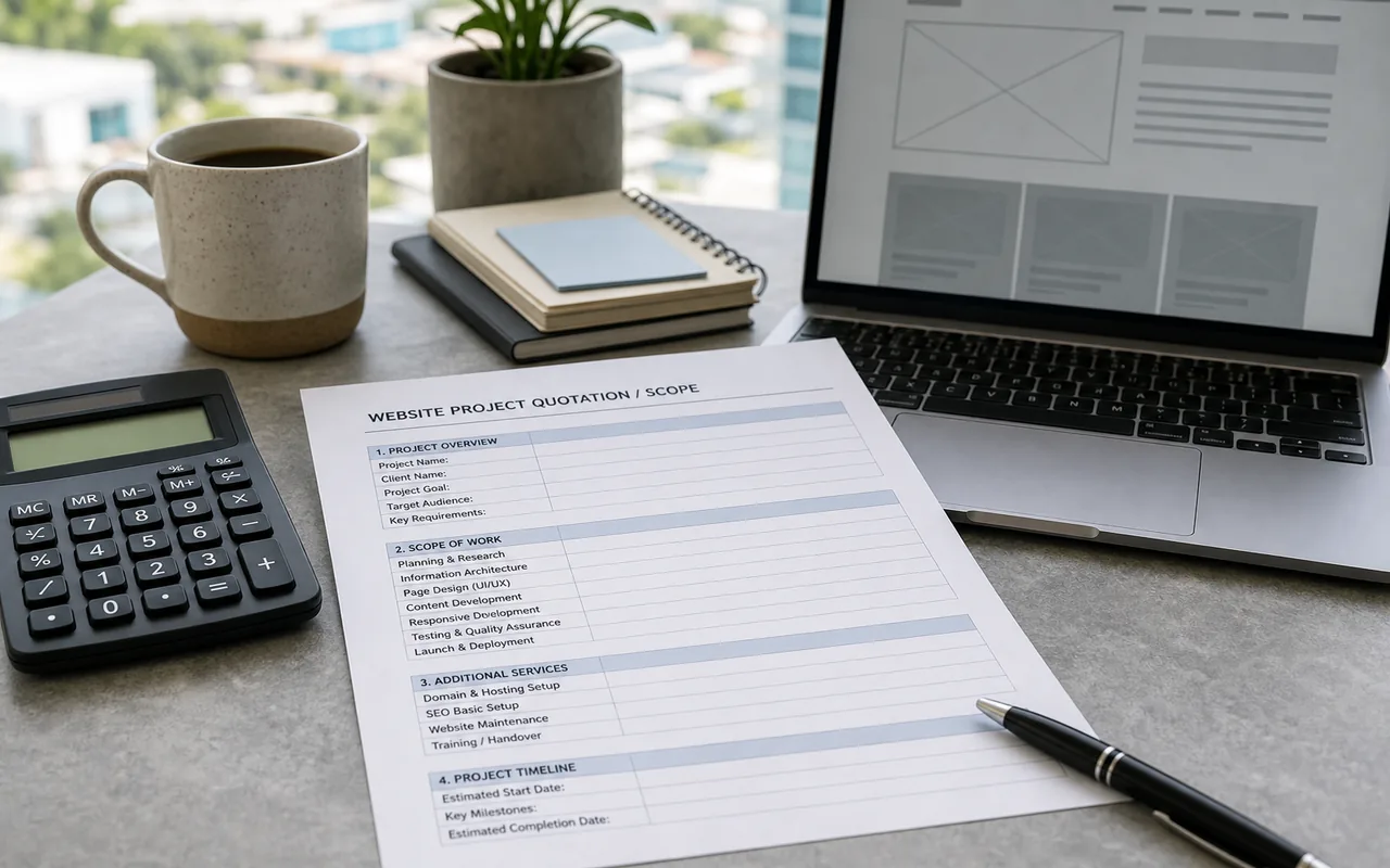 Website quotation worksheet, calculator and laptop on a Kota Kinabalu office desk