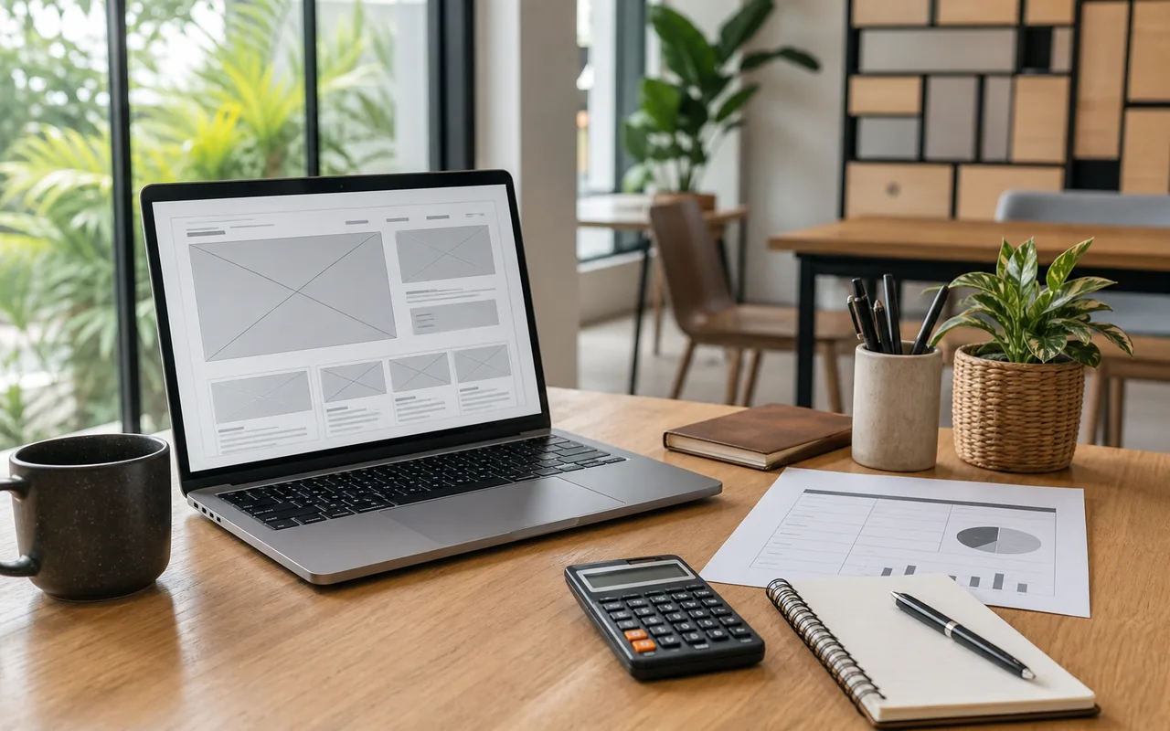 Laptop, calculator and budgeting documents in a Malaysian business workspace