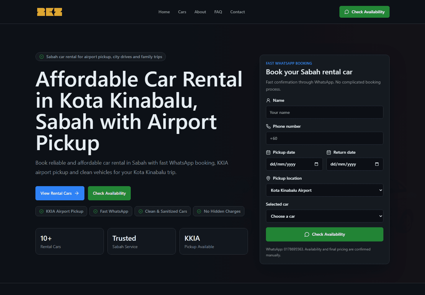 Responsive detail view of the 2KZ Car Rental website